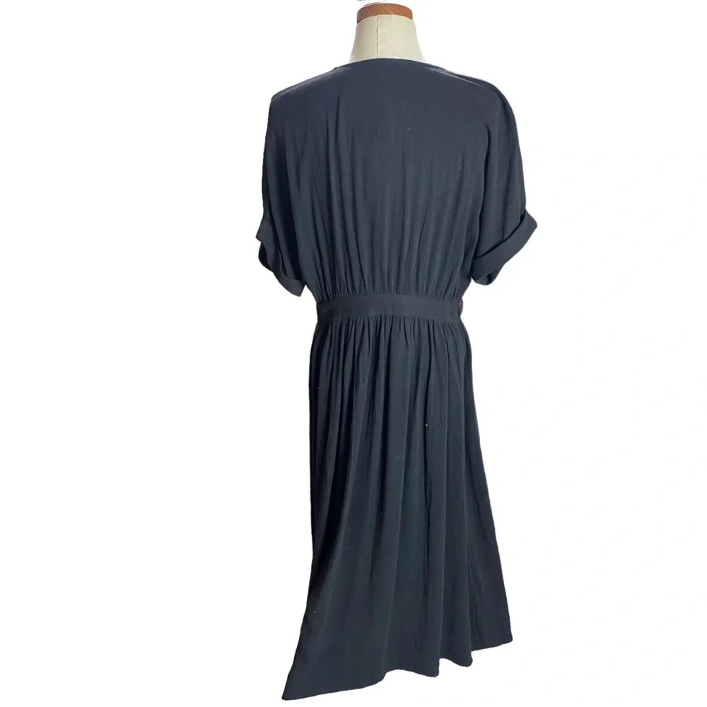 WILLOW Anthropologie Womens Wrap Dress Midi Black short Sleeve Size M Linen NEW - Picture 14 of 15